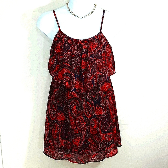 Sundress Sheer Chiffon lined red navy blue paisley Ruffled Whimsigoth Fairycore - Picture 1 of 9